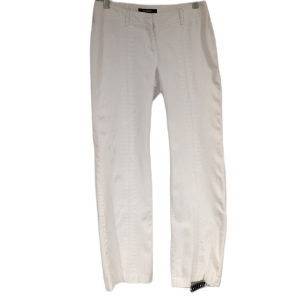 Express Pants in white with embellishments down the middle of the front legs